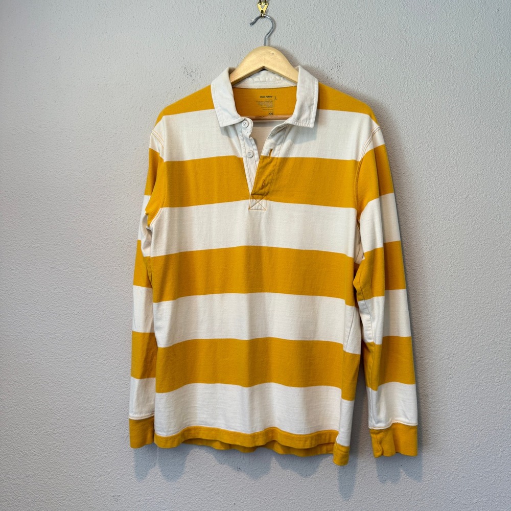 Old Navy Mens Long Sleeve Rugby Shirt Mustard Yellow White Striped Large L